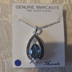 Genuine Marcasite Fine Silver Plated Blue Pendant Necklace